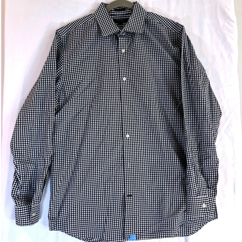 Banana Republic Camden Fit Gingham Shirt Mens Large Navy White Non-Iron Stretch